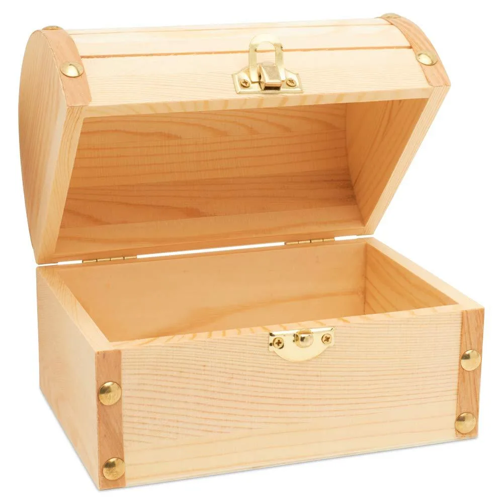 6 inch Wooden Treasure Chest Box with Hinged Lid — product photo
