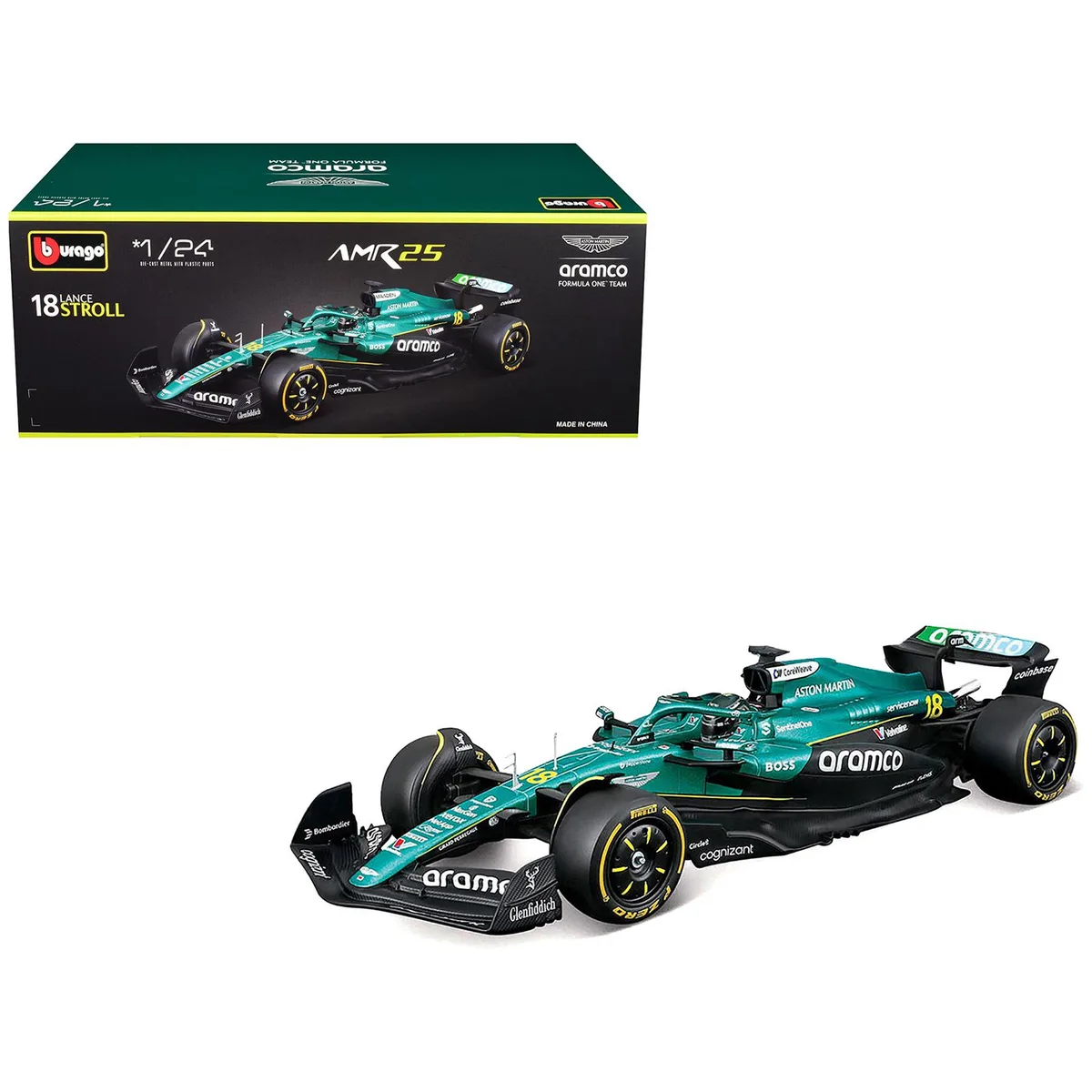 BBURAGO BBURAGO Aston Martin AMR25 #18 Lance Stroll Aramco F1 2025 1/24 Diecast — product photo
