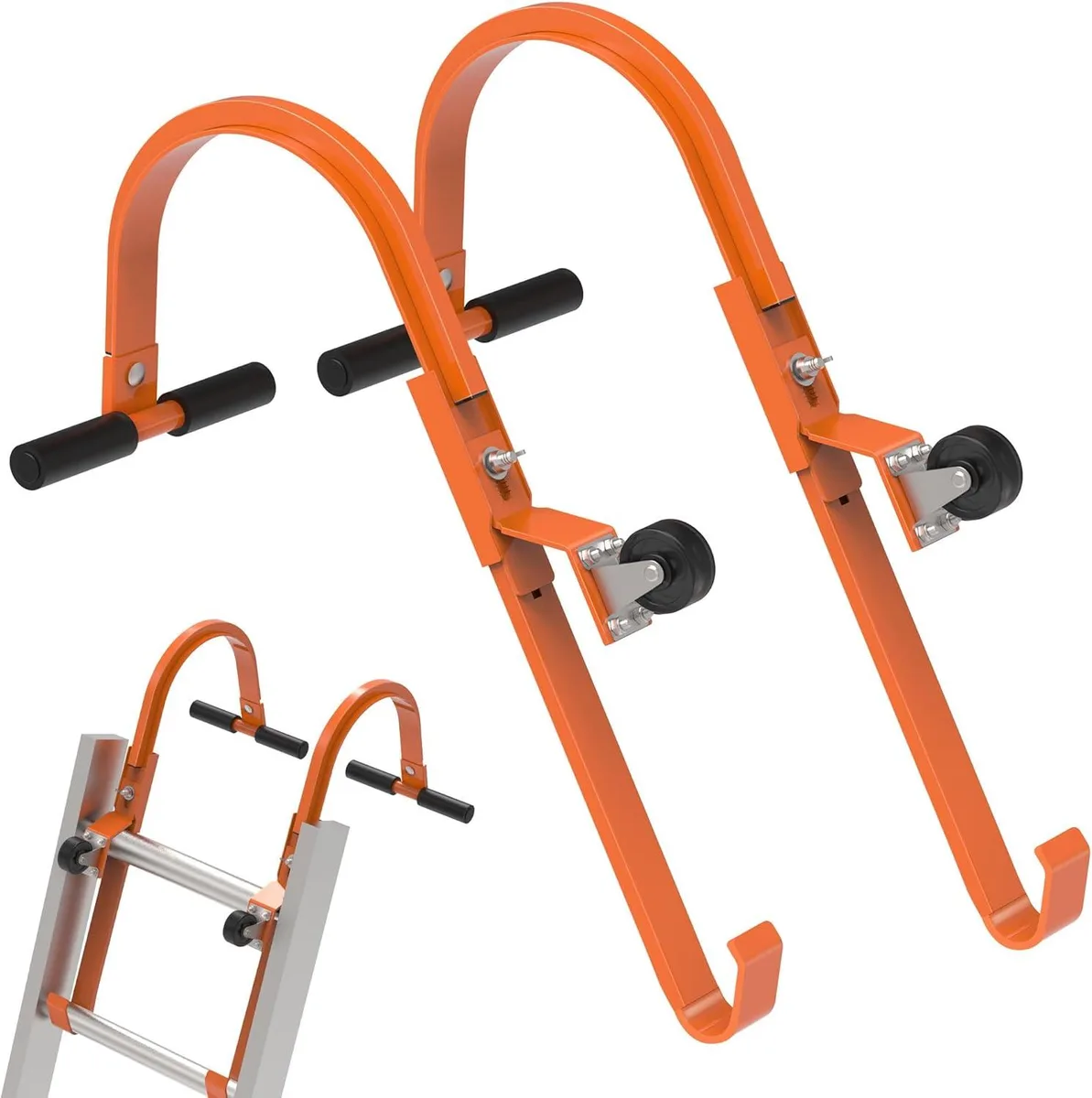 Two silver steel ladder hooks with rubber T-bars and a small wheel, shown as a pair