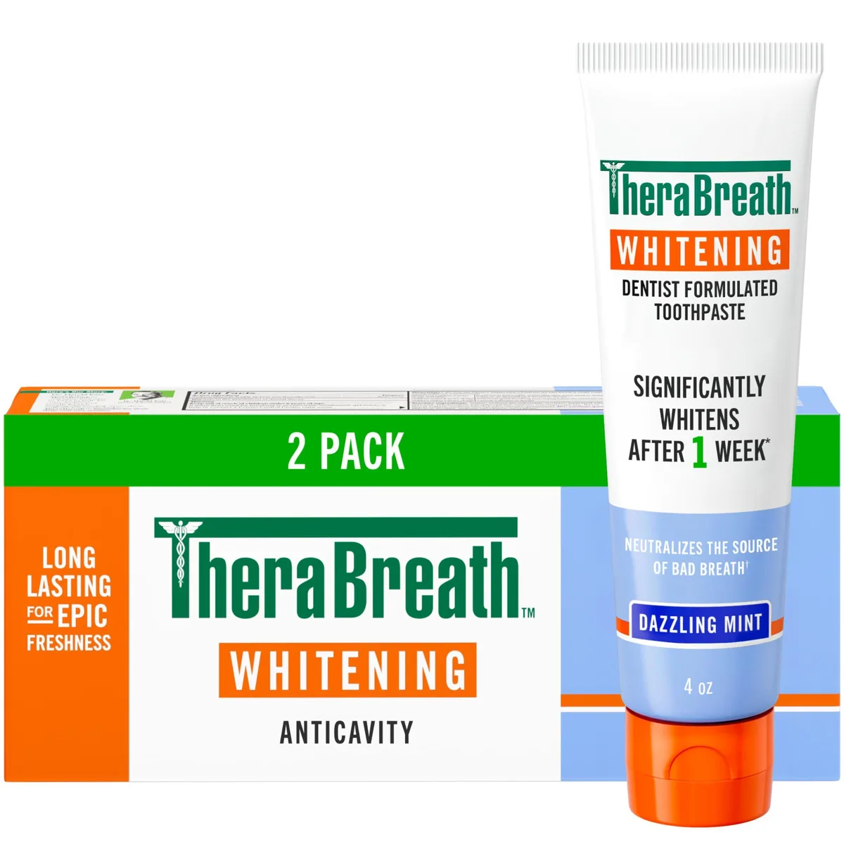 Two white 4oz toothpaste tubes in Dazzling Mint packaging
