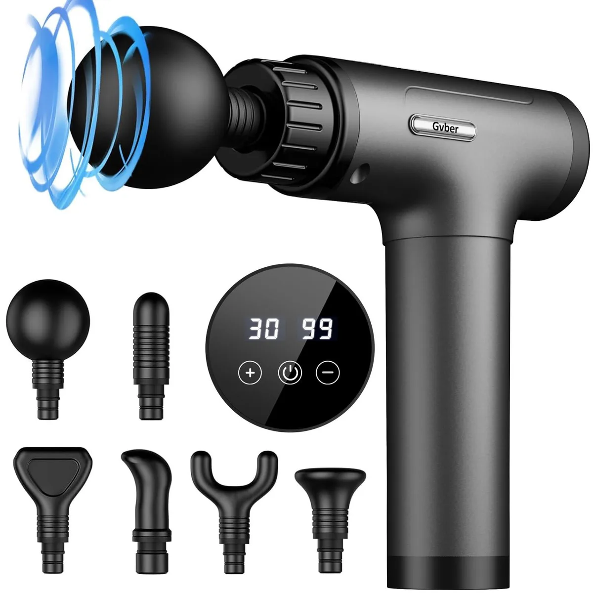 Grey handheld massage gun with textured grip, LED display and six interchangeable heads