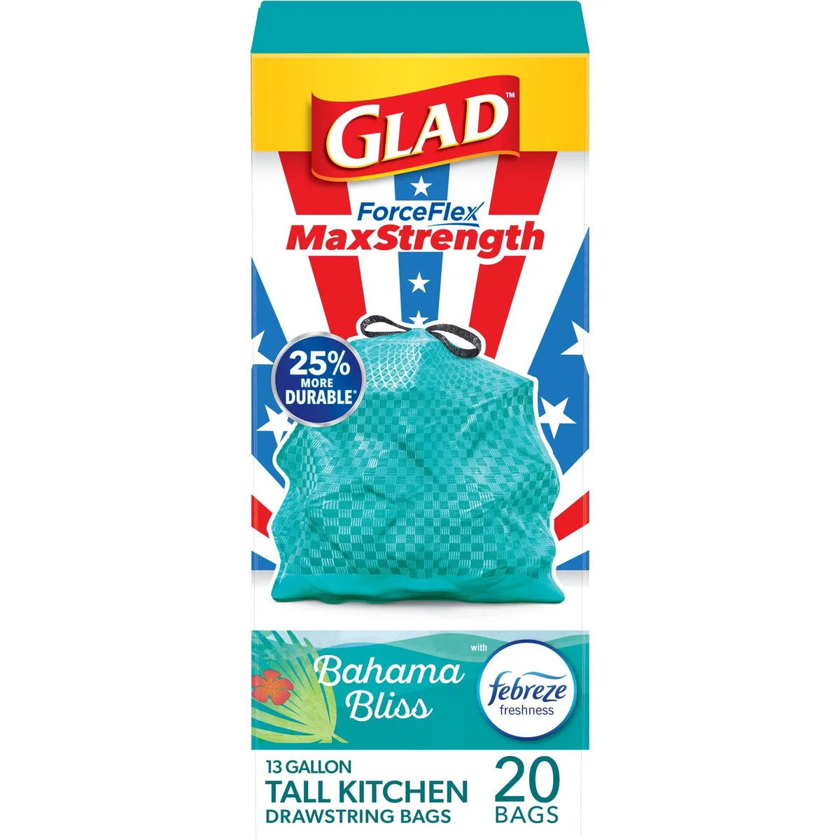 Glad Glad ForceFlex MaxStrength 13 gal Teal Drawstring Trash Bags Bahama Bliss 20 ct — product photo