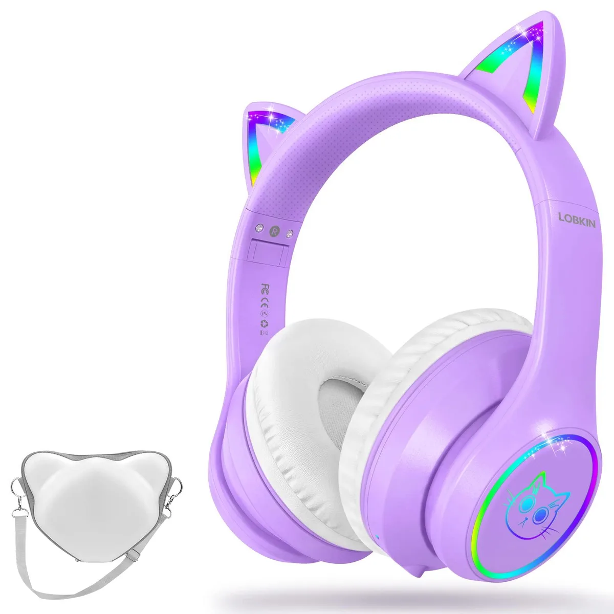 LOBKIN 2025 kids headphones purple over-ear Bluetooth 5.4 30h 3.5mm RGB cat ears foldable — product photo