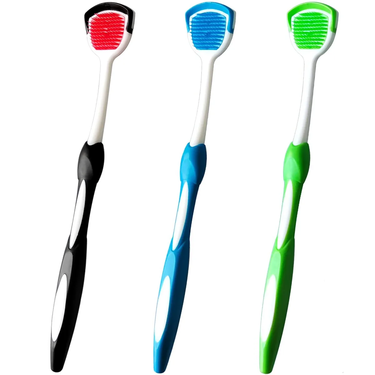 Three tongue scrapers in black blue and green with bristles and scraper edges