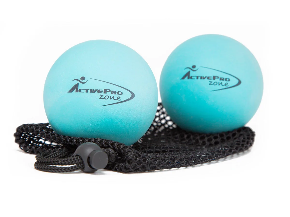 Two blue rubber massage balls 2.75in with mesh bag