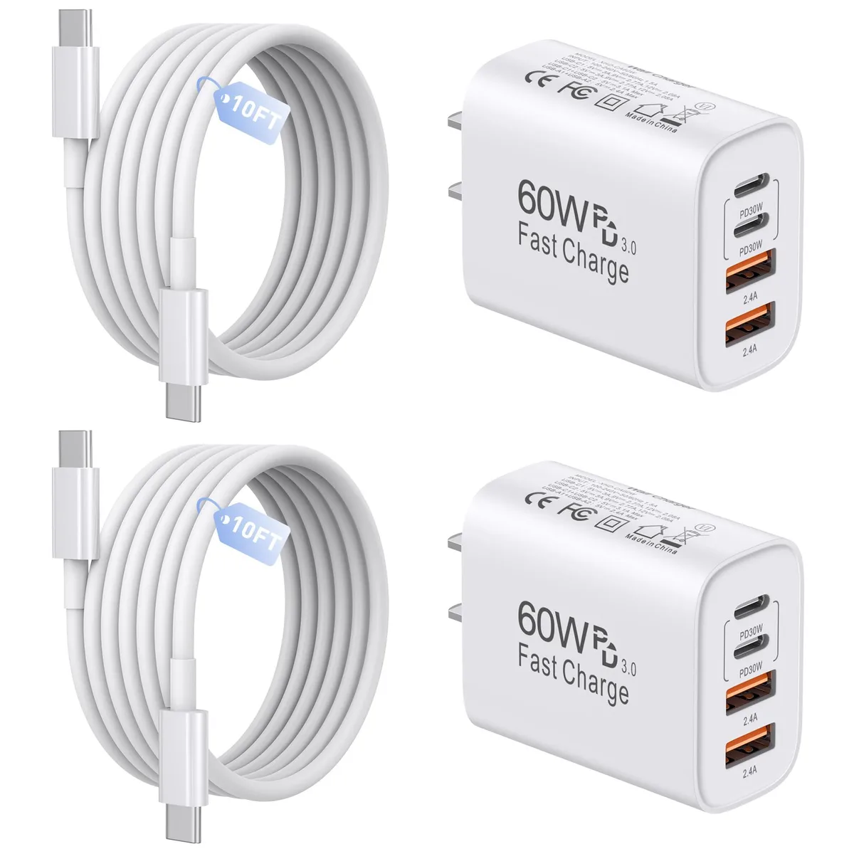 Two white 60W four-port USB chargers with two USB-C and two USB-A ports plus two 10ft USB-C cables