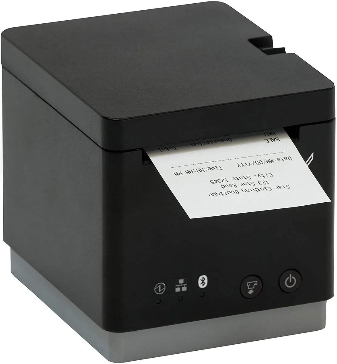 Compact black desktop thermal receipt printer with auto cutter, square footprint, top paper loading, and multiple interface ports