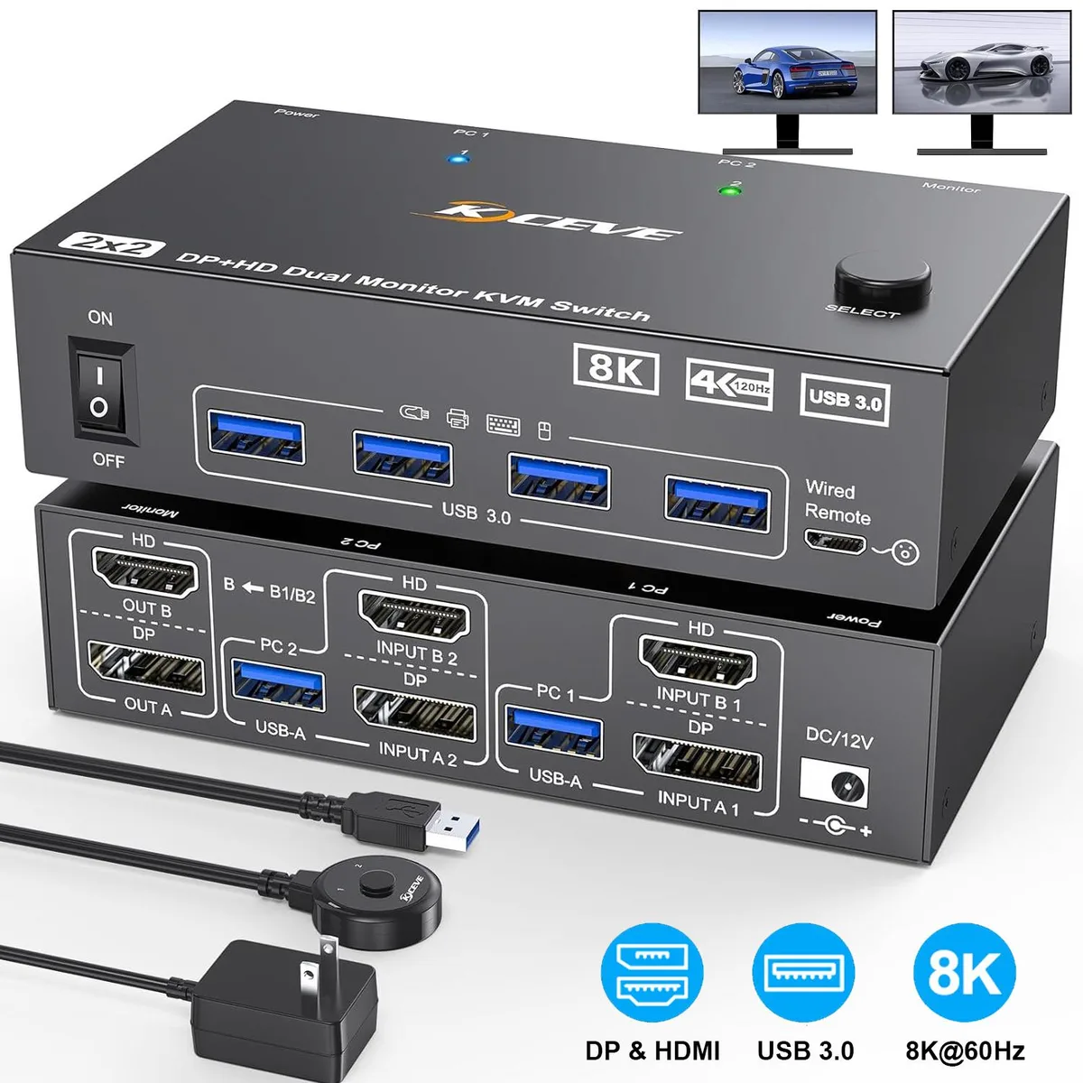 Hitoor Hitoor 8K Dual Monitor KVM Switch 2-PC 2-Monitor DP1.4 HDMI2.1 4×USB3.0 1.5m Remote 12V — product photo