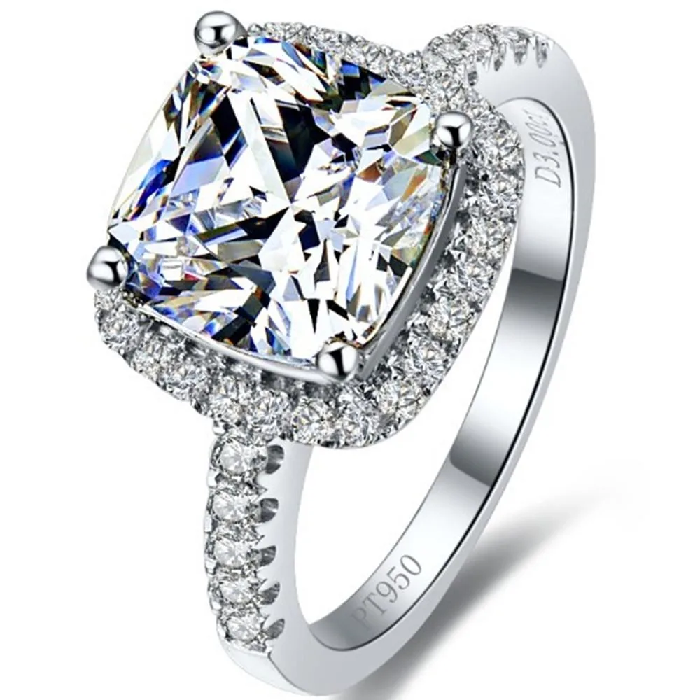3MNSCD 3MNSCD 18K White Gold Plated 3CT Zircon Cushion Halo Engagement Ring Sterling Silver 5.5 — product photo