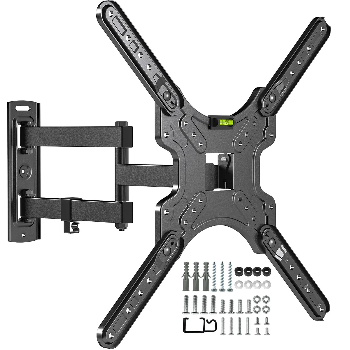Black metal corner TV wall mount with articulated arm folded flat against rectangular backplate