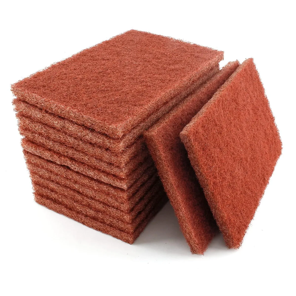Twelve red nylon scouring pads, 7.87 x 4.73 x 0.39 inches, folded in a stack