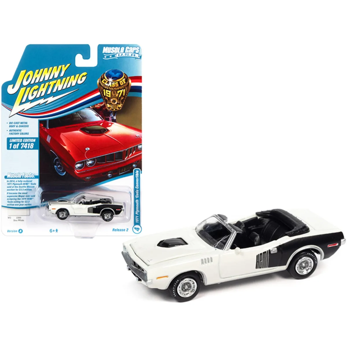 JOHNNY LIGHTNING JOHNNY LIGHTNING 1971 Plymouth Barracuda Convertible Sno White "Class of 1971" 1/64 vehicle — product photo