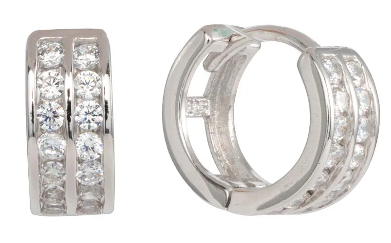 MST MST 925 Sterling Silver Huggie Hoops 2 Row CZ 11mm Rhodium Plated EH002-11MM — product photo