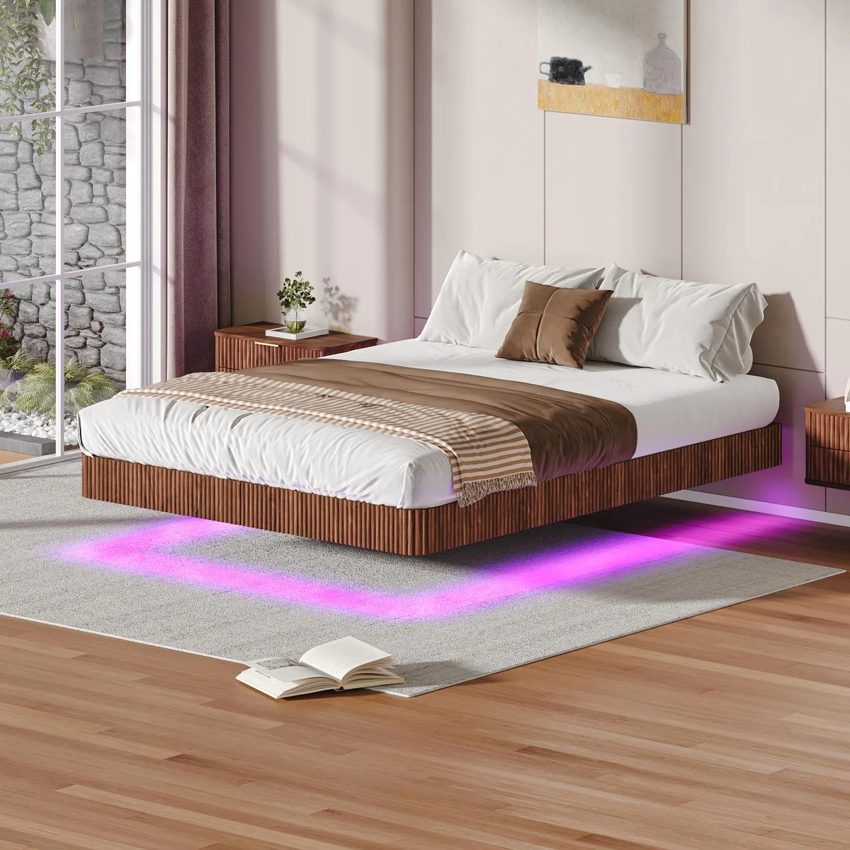 Walnut queen bed frame with curved wood panels and LED lighting