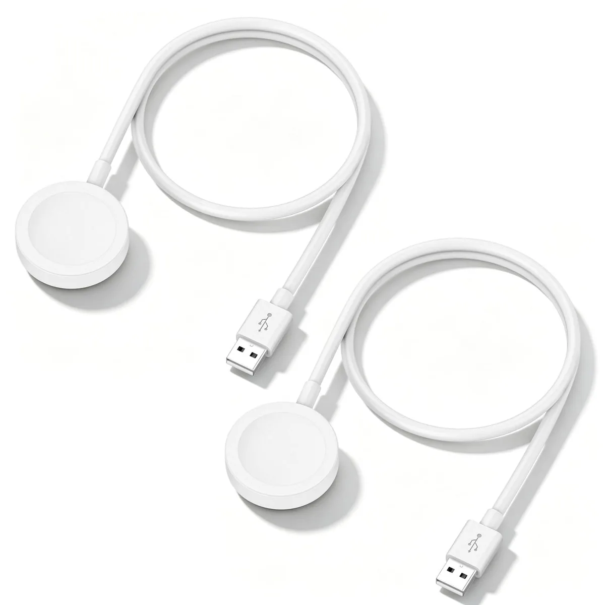 Two short white magnetic Apple Watch charging cables with USB-A plugs