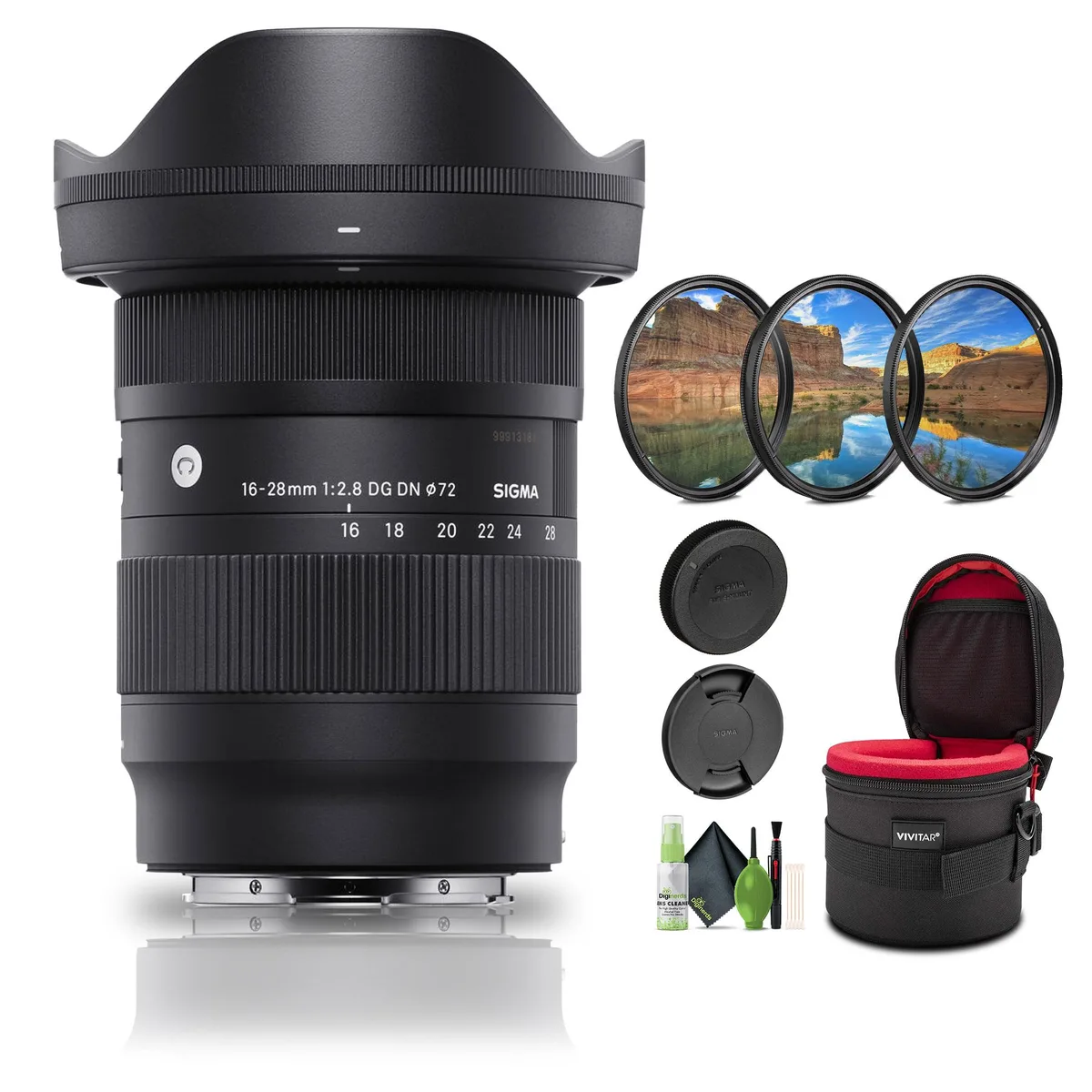 SIGMA SIGMA 16-28mm f/2.8 DG DN Contemporary E-mount lens bundle with cleaning kit, case, 72mm filter kit — product photo