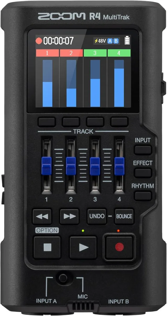Compact voice recorder with built-in microphone, two combo inputs, four faders and colour screen