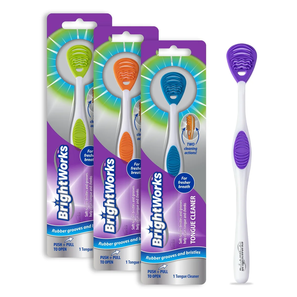Three tongue cleaners with dual-sided rubber heads and textured handles