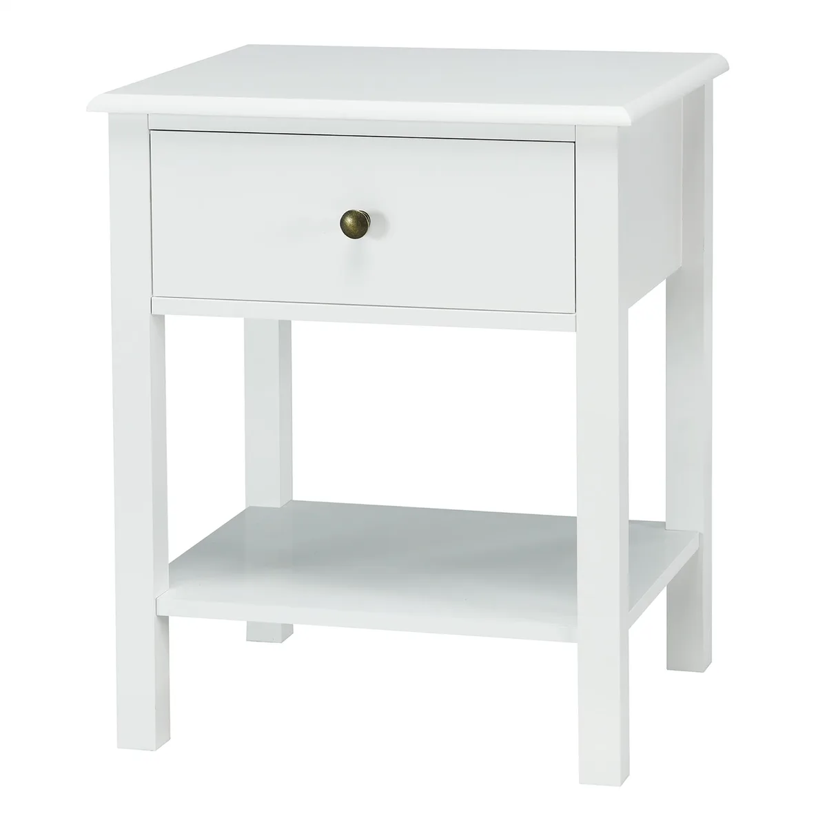 White rectangular nightstand with one drawer and open lower shelf, 18 by 15 by 23 inches
