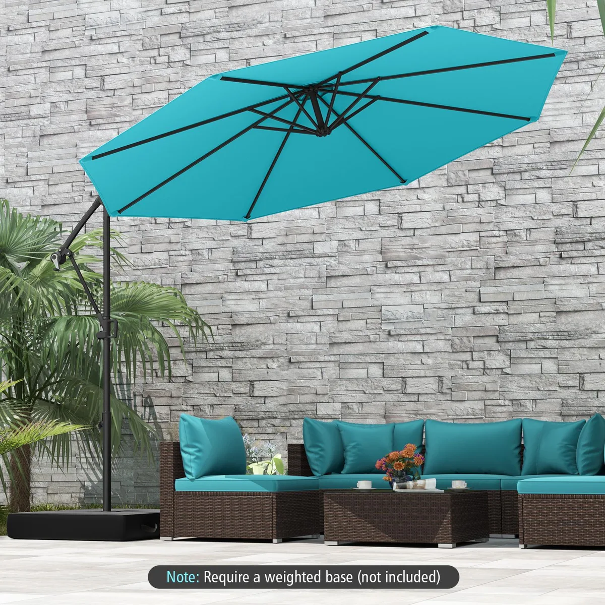 Turquoise offset patio umbrella with crank handle and metal base