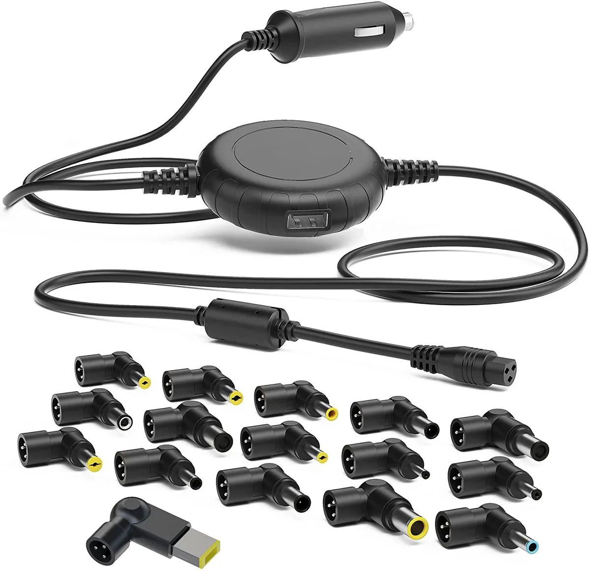 Black rectangular car charger with coiled cable and multiple connector tips