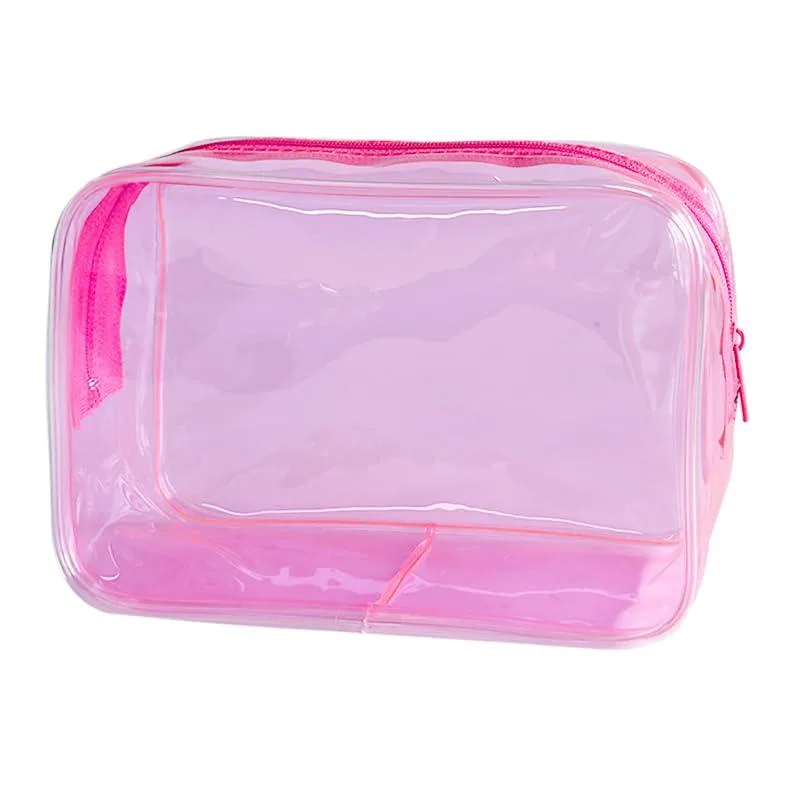 Pink transparent PVC toiletry pouch, rectangular with zip top