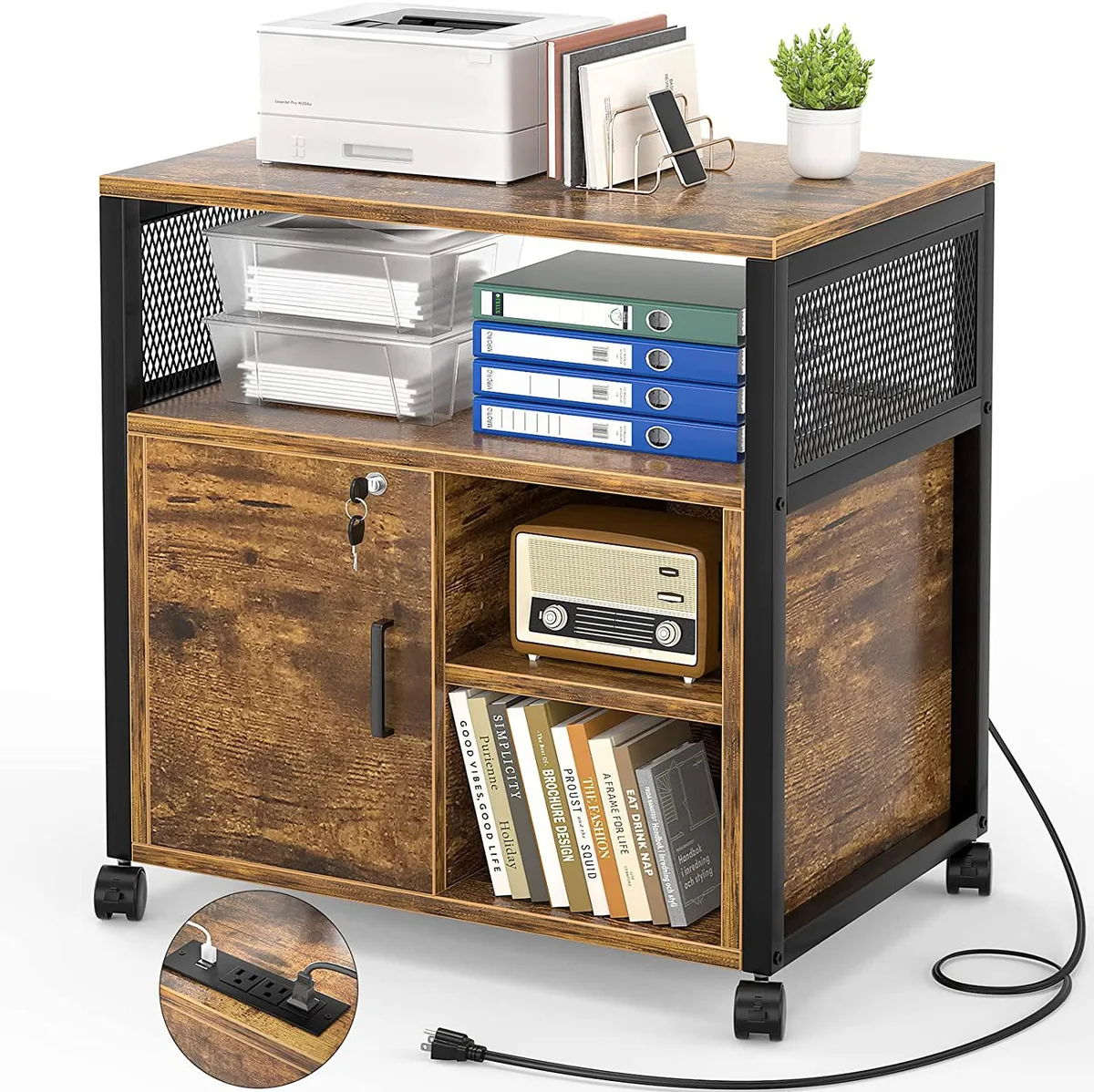 BFKK BFKK Lateral File Cabinet with Socket and USB Charging Port, Locking, Rolling, Rustic Brown — product photo
