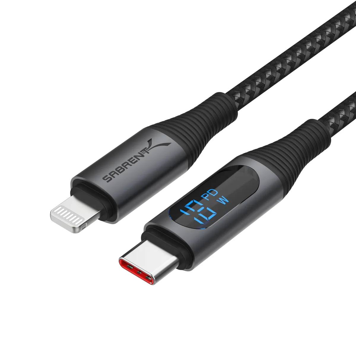 Black USB-C to Lightning cable with LED display, nylon braided, 1 metre