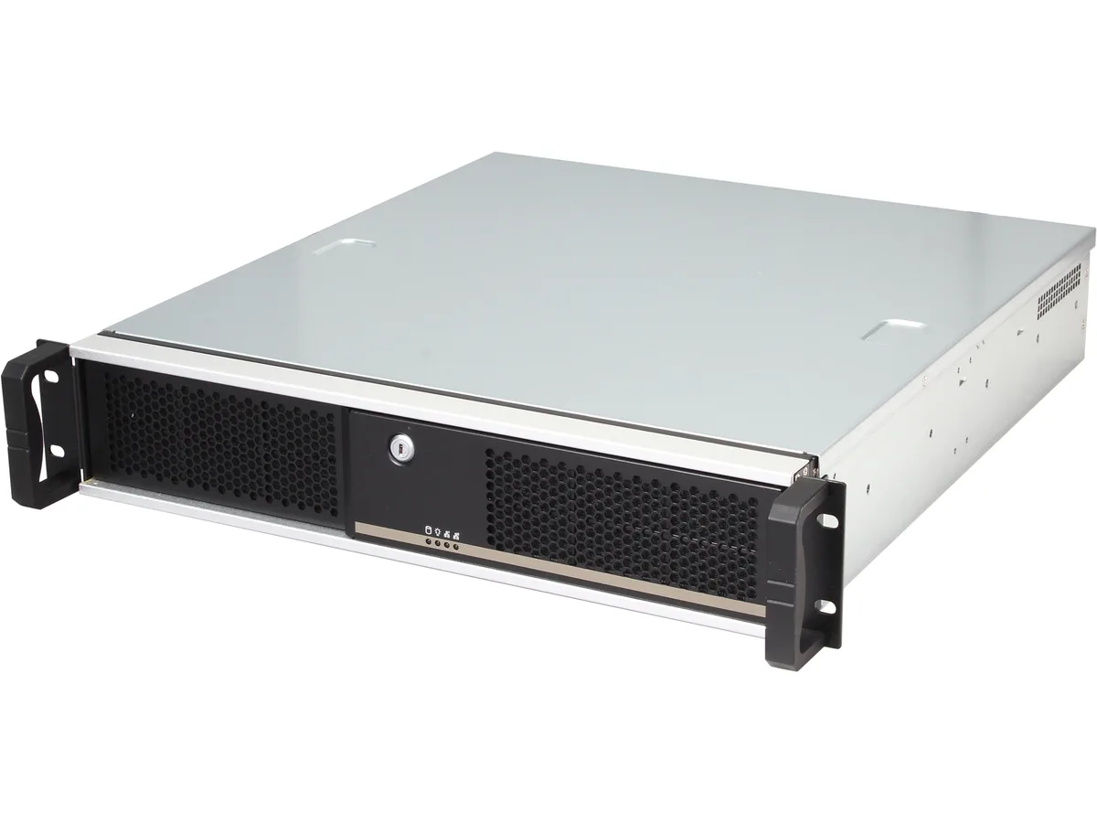 Silver 2U rackmount server chassis with front USB ports and drive bays