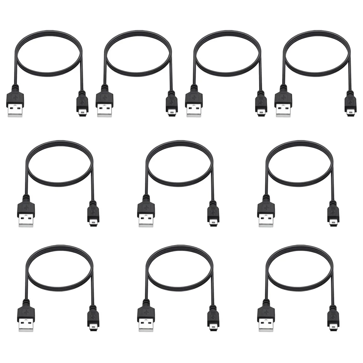 Ten black mini USB cables coiled together, three feet each