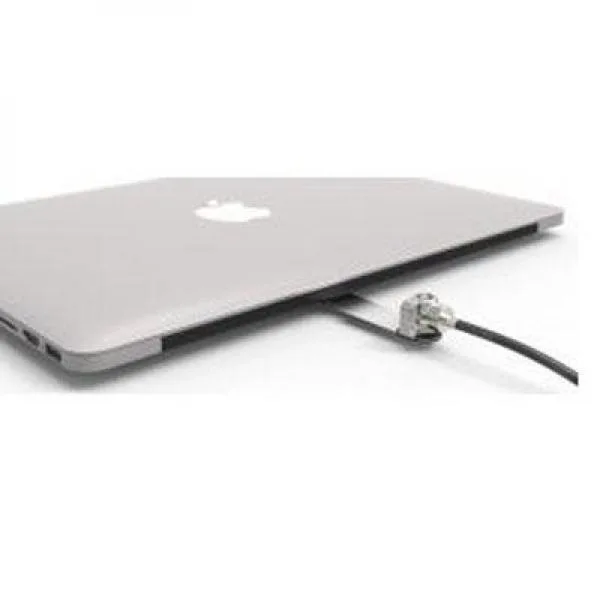 Silver rectangular adhesive lock adapter with retractable slot and combination cable lock attached