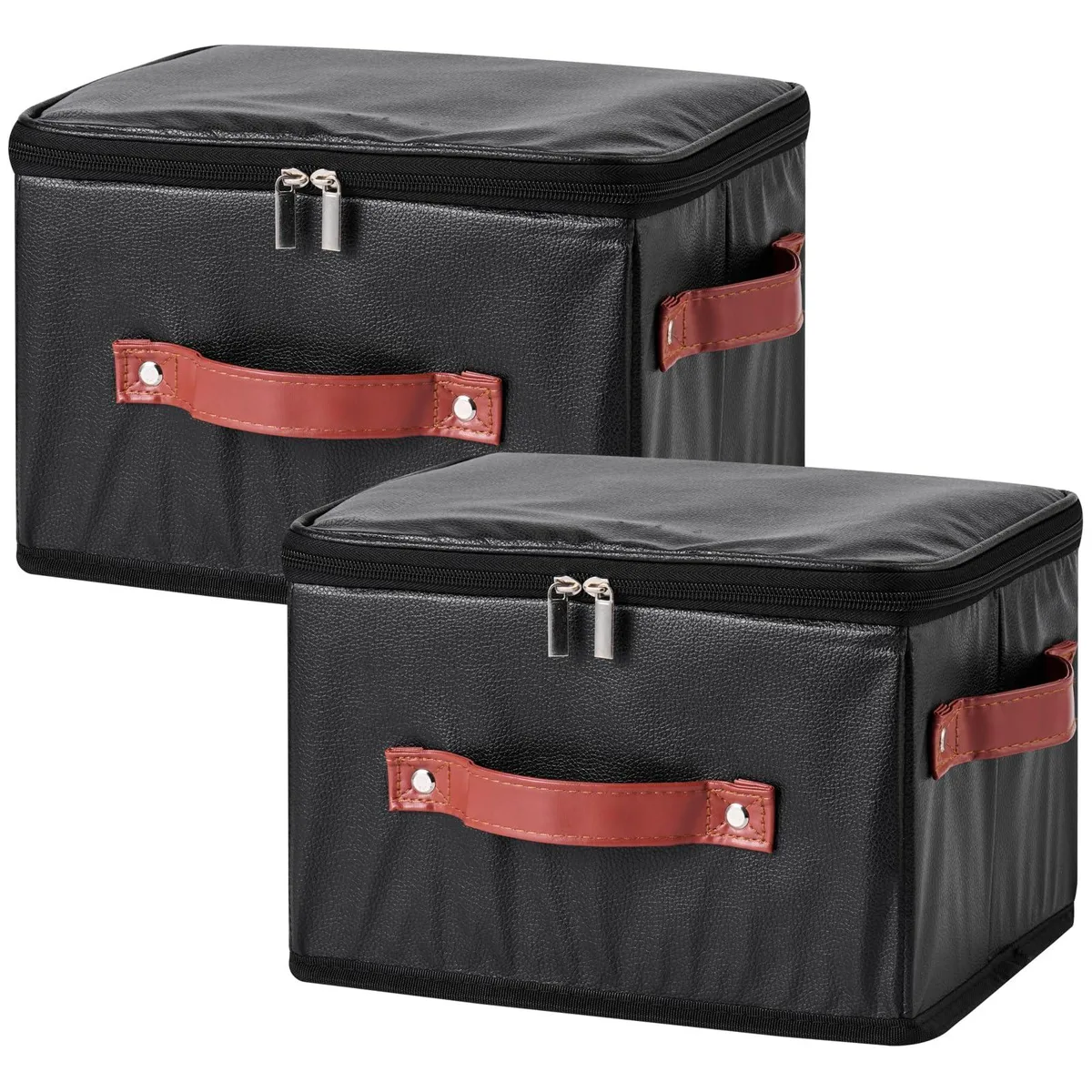 Two black faux leather storage bins with zipper lids and handles