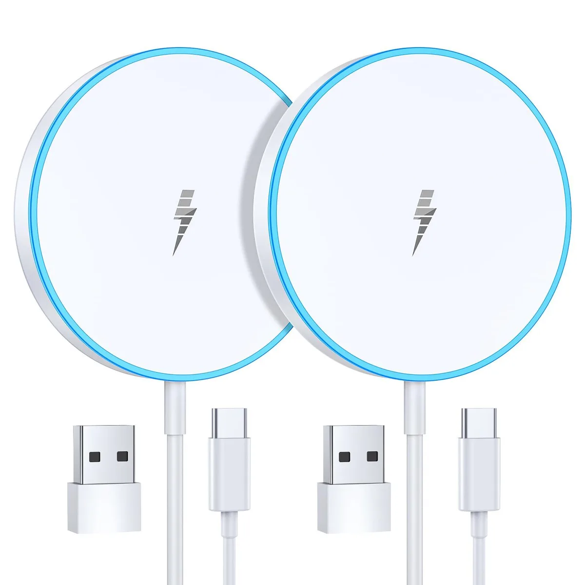 Two thin circular charging pads, matte finish, USB-C and USB-A cables attached