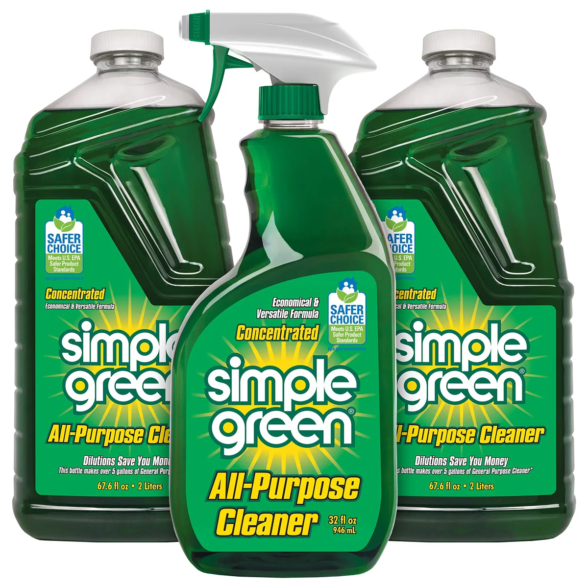Green spray bottle and two refill jugs in a cardboard box