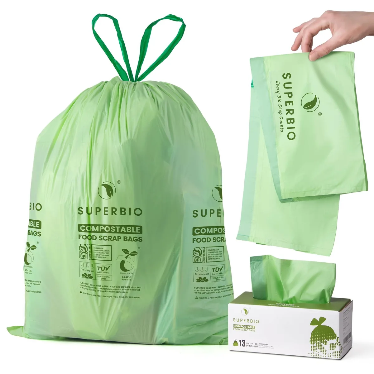 White compostable drawstring kitchen waste bags in a 30-count roll