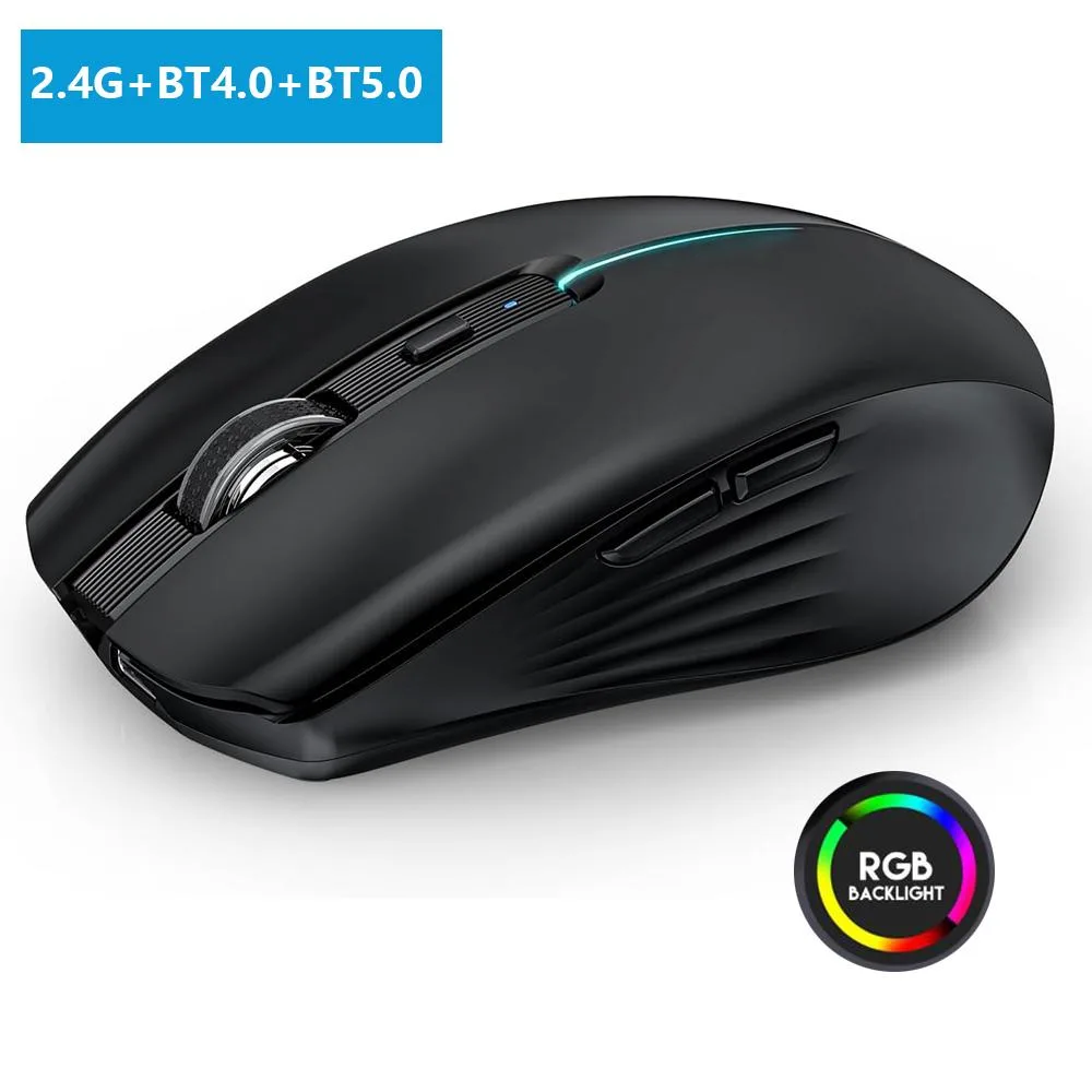 Black ergonomic wireless mouse with six buttons and side navigation controls, Type-C charging port, RGB breathing light