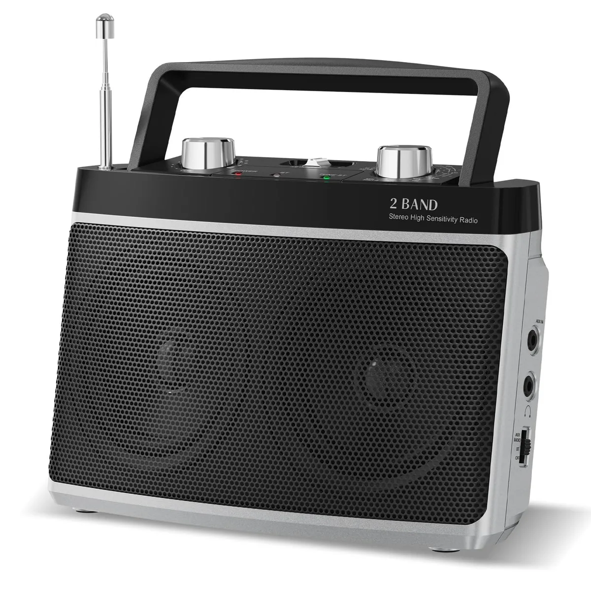 Silver portable AM FM Bluetooth 5.0 radio with carry handle and dual speakers