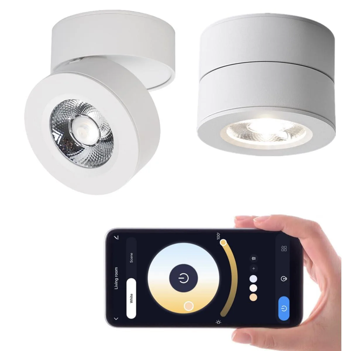 White cylindrical ceiling spotlight with clear prismatic lens and adjustable mounting base