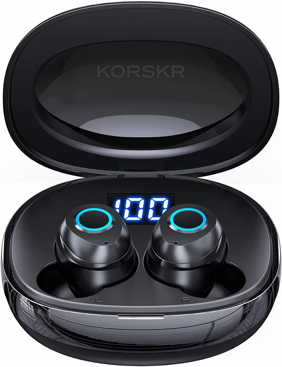 White in-ear earbuds in a white charging case with LED battery display