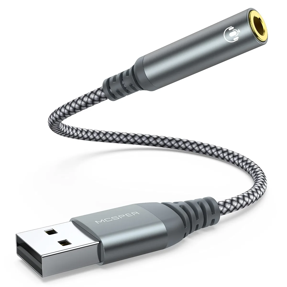 Small grey USB-A dongle with a 3.5 mm TRRS jack on a short braided cable