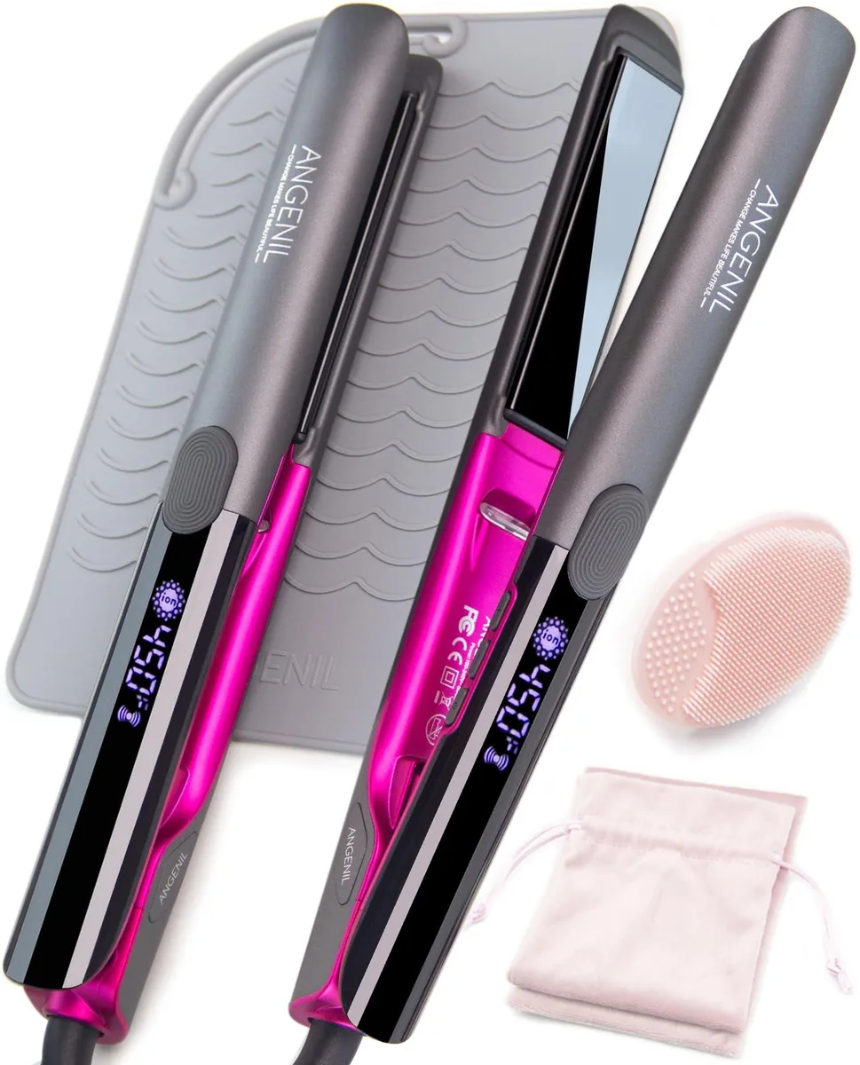 Sleek grey titanium flat iron with rounded plates, digital LCD display, anti-scald handle, safety lock button