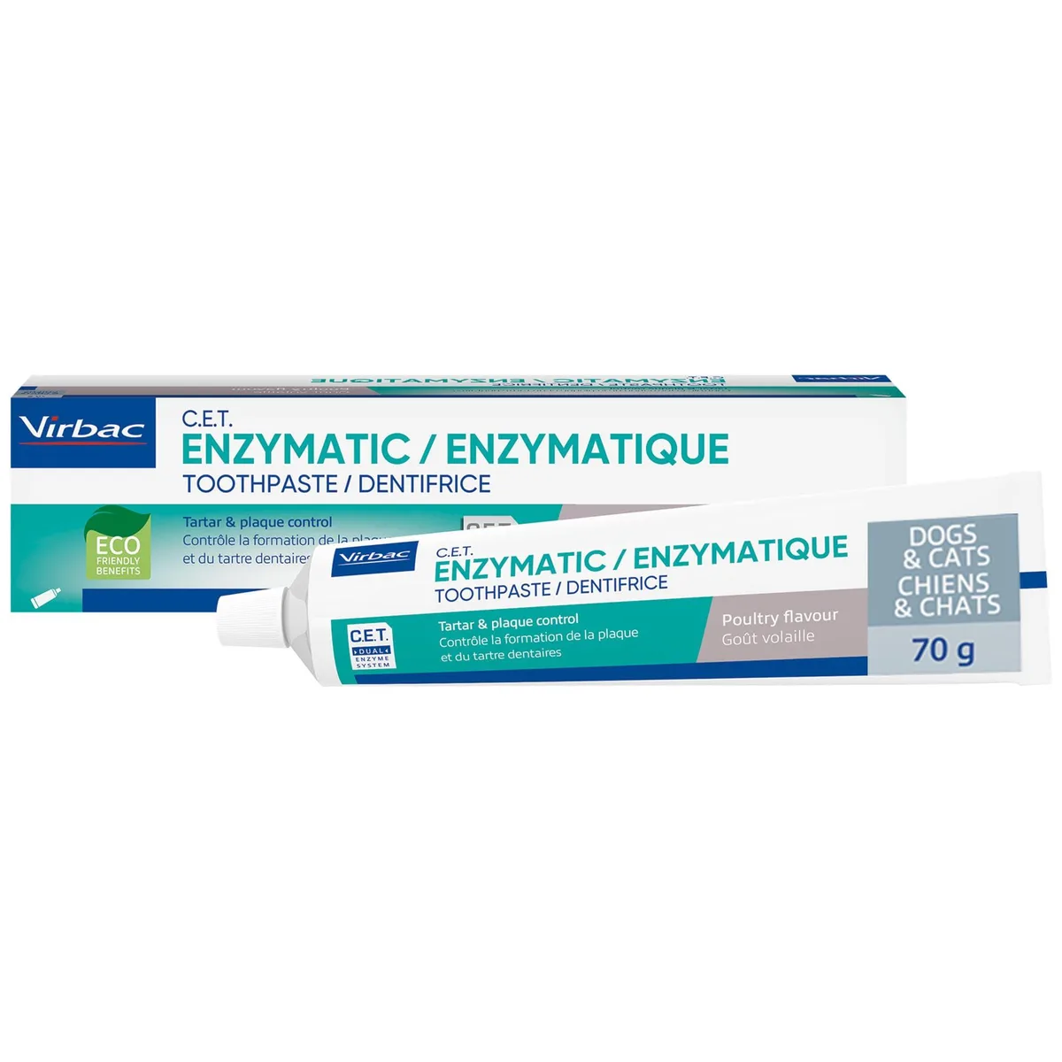 White cylindrical tube with flip-top cap, poultry flavour enzymatic toothpaste for pets