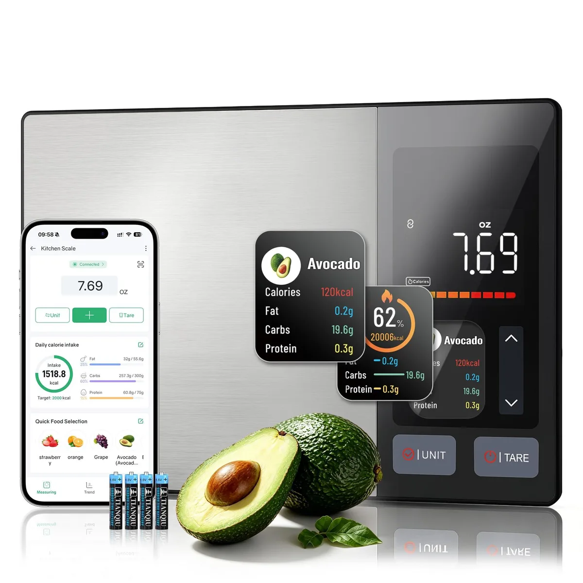 Twelve black smart food scales with TFT displays in a pack