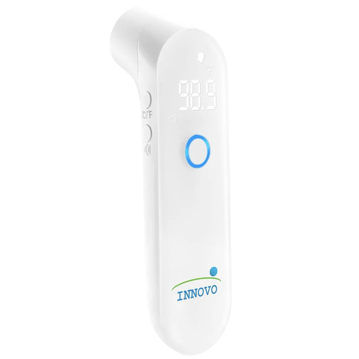White touchless digital forehead thermometer with blue light sensor