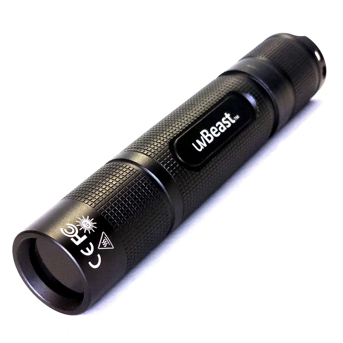 Compact black UV flashlight with 365nm LED output