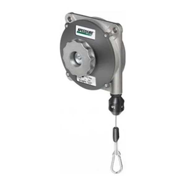 Compact die-cast aluminum tool balancer with steel cable and spring clip attachment