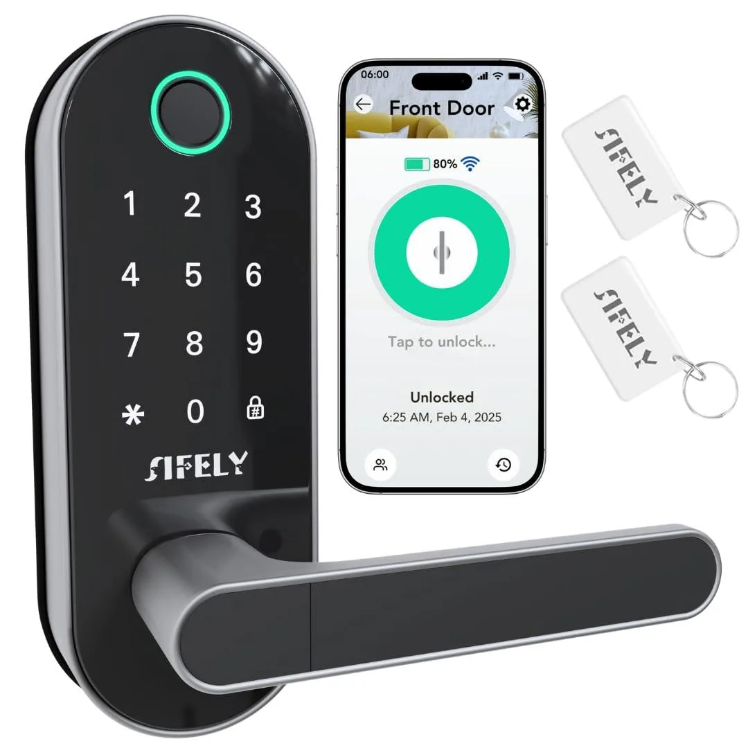 Black metal smart door lock with handle and keypad, 7 by 3 by 1.12 inches