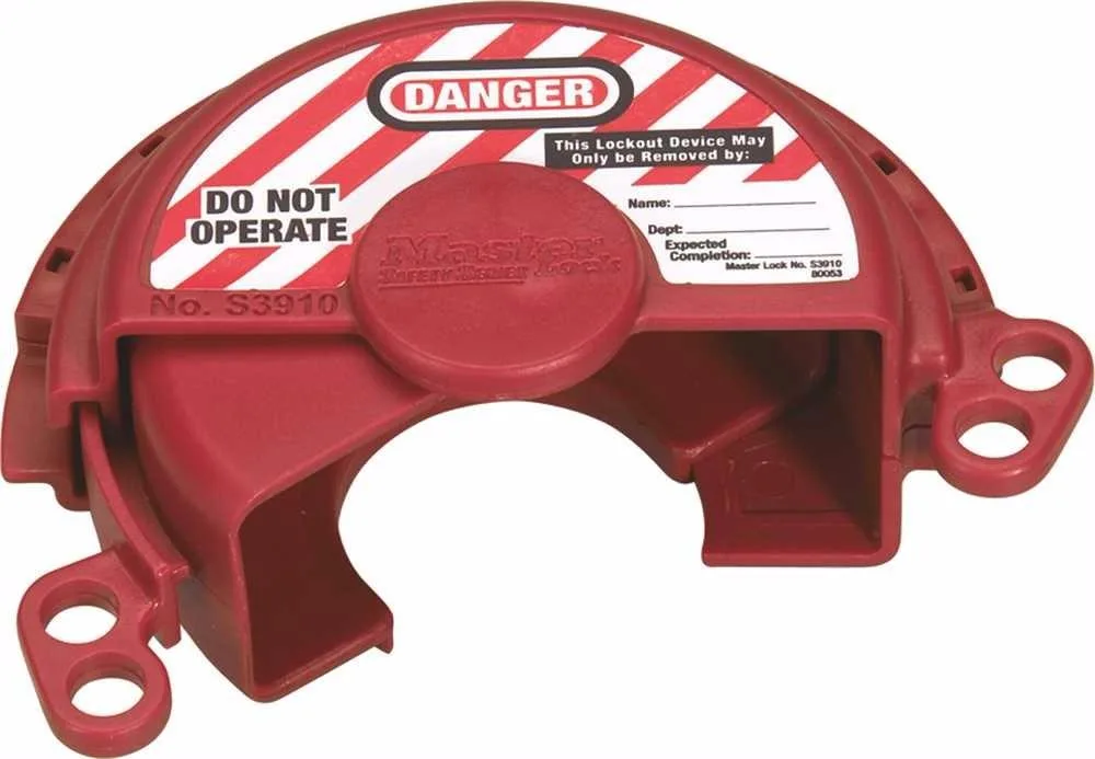 Red thermoplastic gas valve lockout, compact rectangular shape with danger label