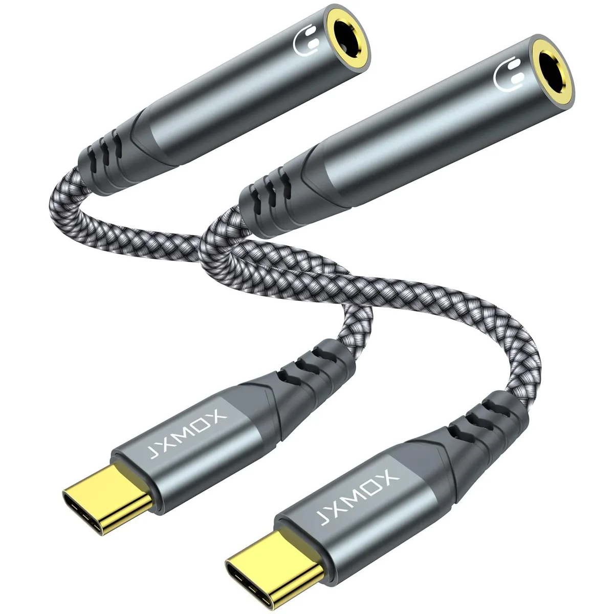 Two compact grey USB-C to 3.5mm audio adapters with short cables