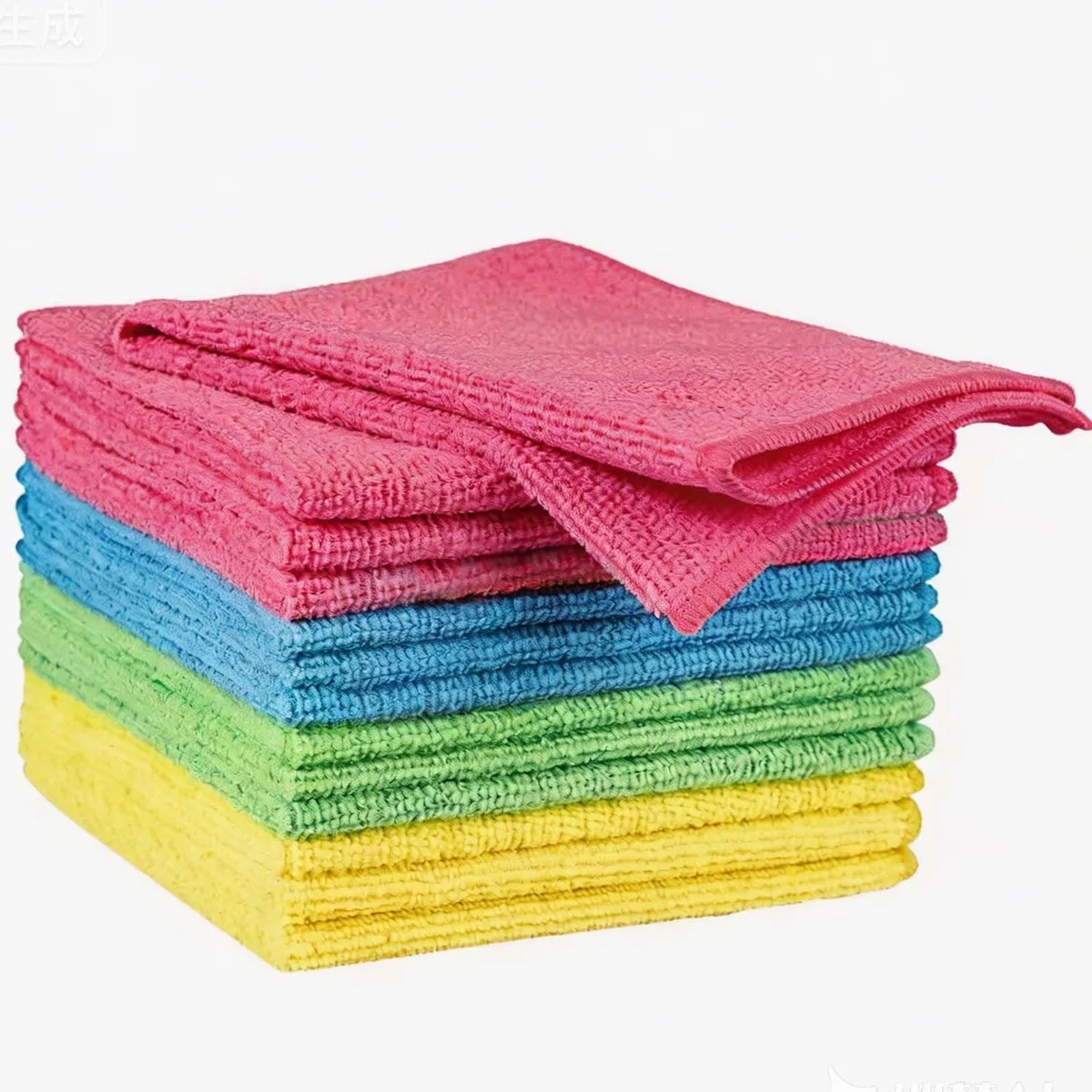 Twelve 10-inch square microfiber cloths in green blue yellow pink